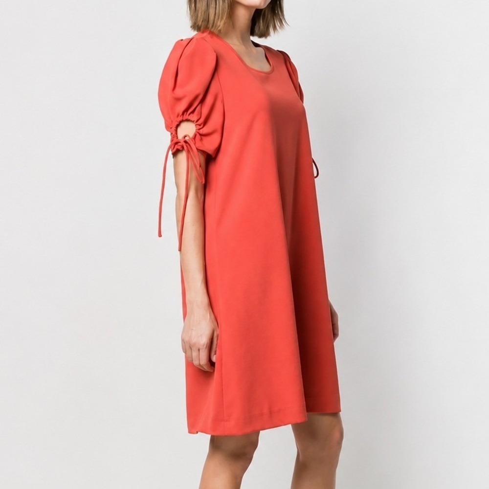 NEW See By Chloe Peppery Red Ruched Crepe Mini Dress Shift Size 44 - Picture 2 of 12